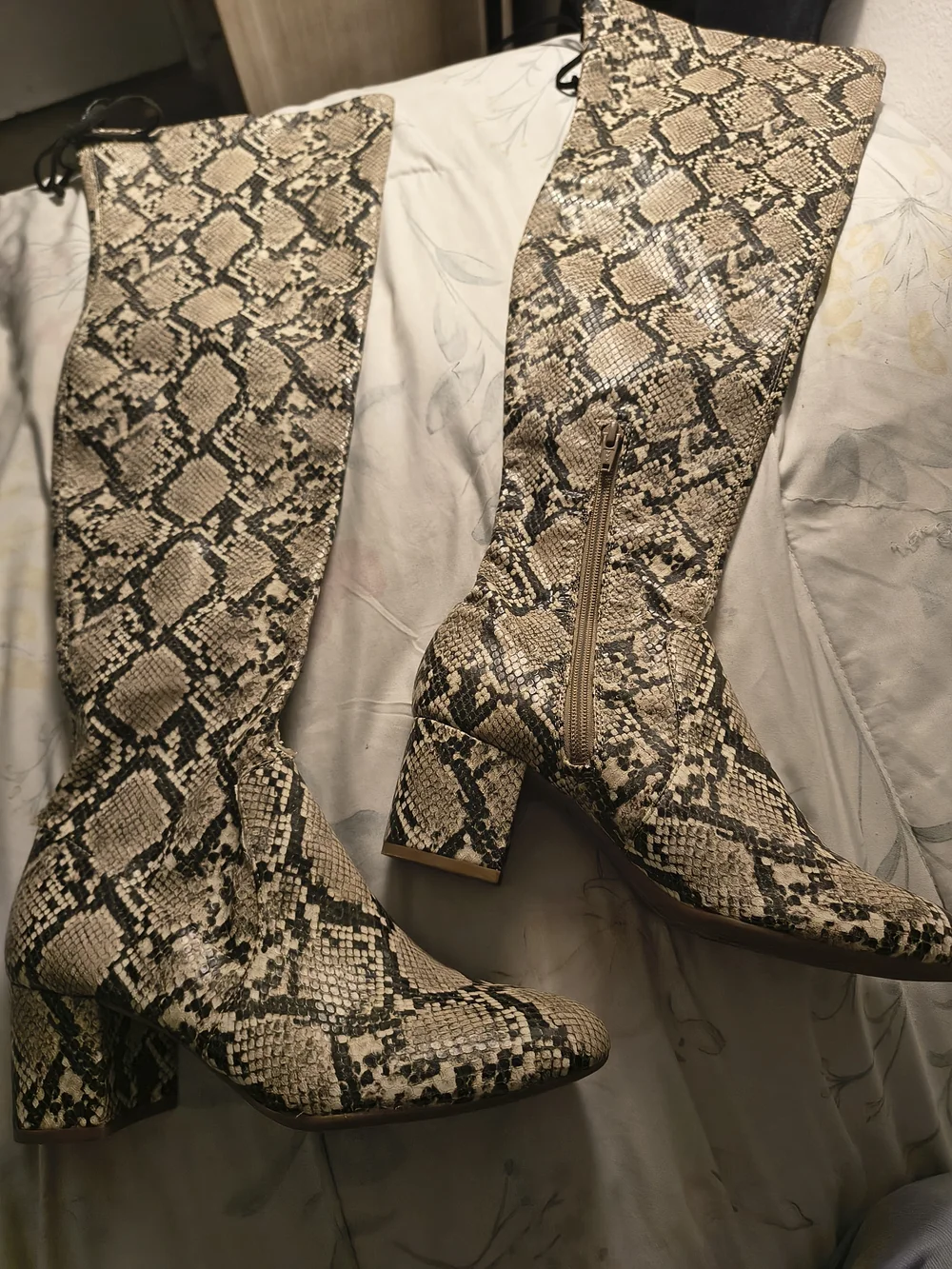 Gianni Bini Snake-Print Over-the-Knee Boots in Beige and Black